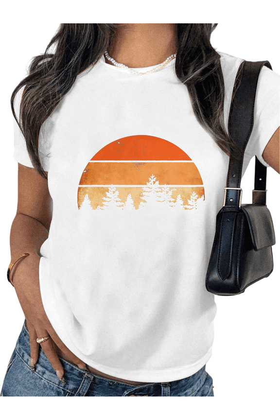 White Womans Trendy Sunset Forest Graphic Tees Print Tshirt Shirts Short Sleeve S-5XL Tops