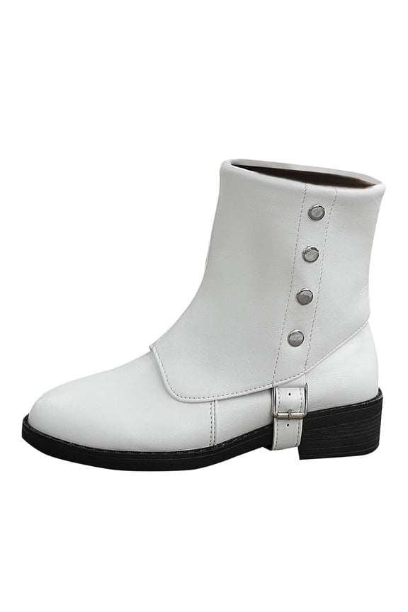 White Women Boots Round Toe Style Metal Detail Chunky Heel Comfortable Walking Shoes Durable Material