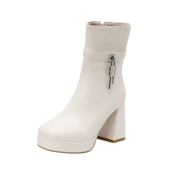 White Women Chunky Heel Boots With Lock Belt Feature Versatile And Comfortable For Fall And Winter Ensembles