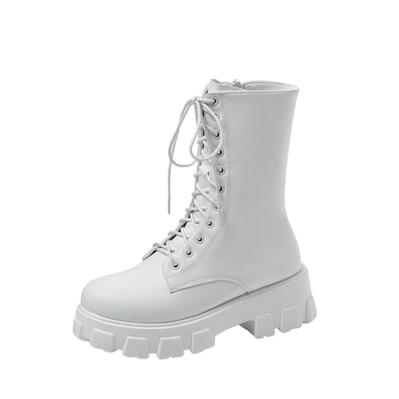 White Women Fashionable Cool Winter Lace Up Thick Sole Thick Heel Side Zip Motorcycle Boots