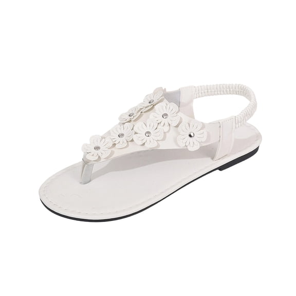 White Women Floral Thong Sandals Casual Open-Toe Flat Soft Sole Elastic Back Strap Outdoor Versatile Plus Size Shoes Footwear For Leisure Activity Size 42 Eu Us 9 Foot Length 10.24 Inches