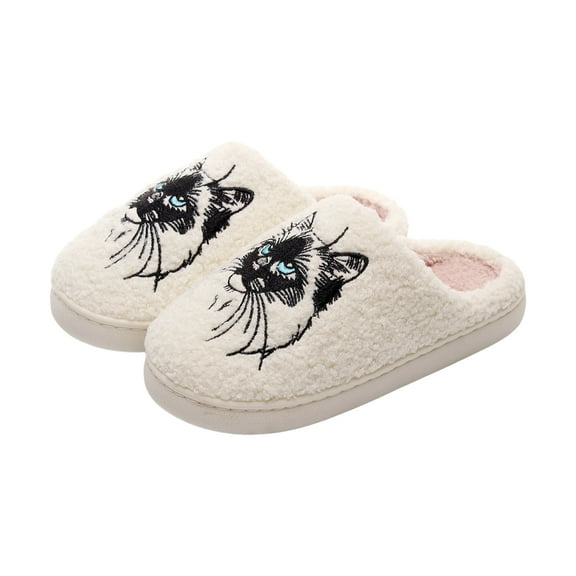 White Women Indoor Home Comfortable Sandals With Warm Cute Cat Theme For Fall Winter Flat And Lightweight For All Day