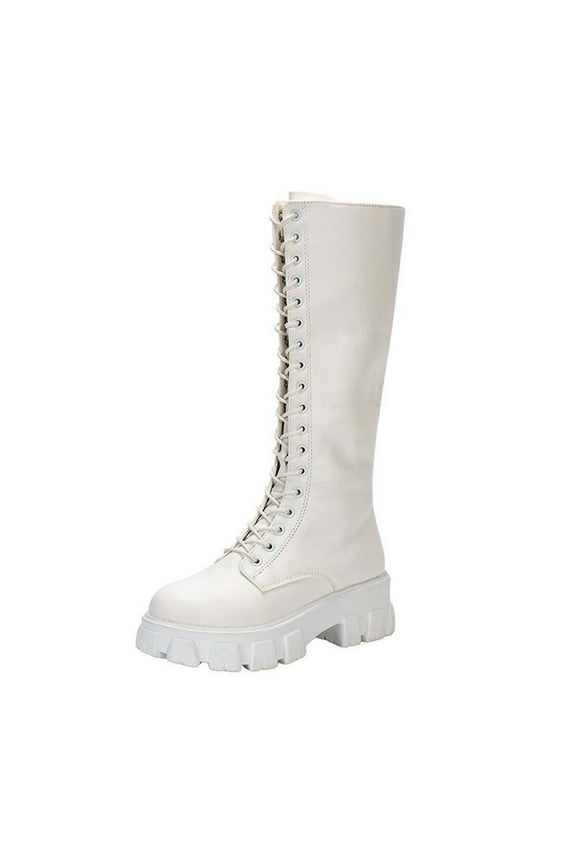 White Women Lace Up Combat Boots With Thick Sole And Chunky Heel Long Boot Design For Winter Wear Comfortable And Durable Ideal For Everyday Use