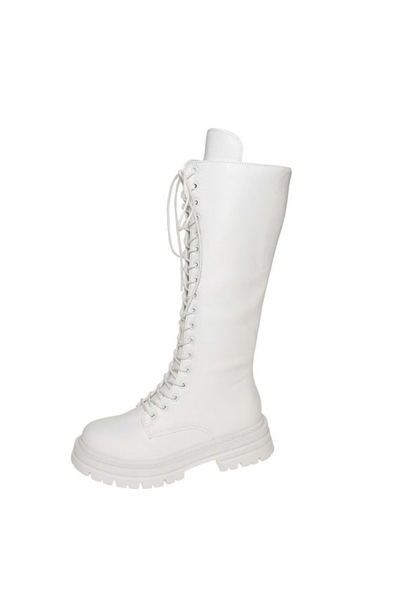 White Women Lace Up Combat Boots With Thick Sole And Chunky Heel Long Boot Design For Winter Wear Comfortable And Durable Ideal For Everyday Use