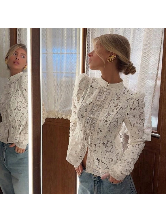 White Women Long Sleeve Lace Mandarin Collar Guipure Puff Sleeve Blouse Top Sheer Floral Elegant Slim Fit