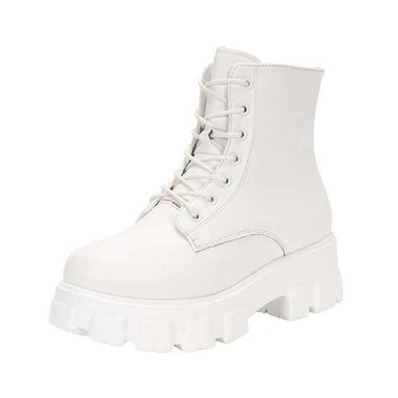 White Women Mid Heel Ankle Boots With Lace Up And Thick Sole Round Toe Design Comfortable And Supportive Ideal For Casual Outings And Light Activities