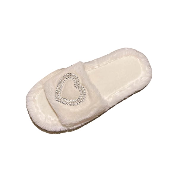 White Women Open Toe Heart Design Flat Furry Slippers For Fall And Winter Warmth Sandals Great For Leisure Activities