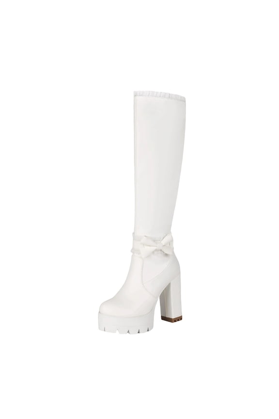 White Women Ruffled Mid Calf Boots Chunky Heel White For Fall Winter Fashion