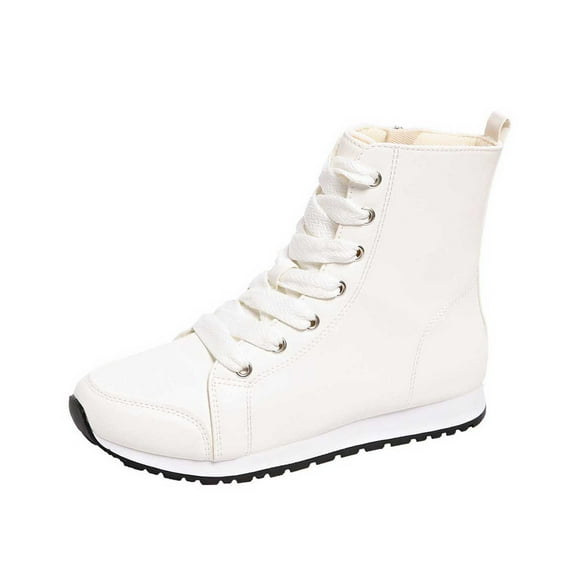 White Women'S Ankle Boots With Lace-Up Closure And Side Zipper, Round Toe, Flat Sole For A Minimalist Practical Style