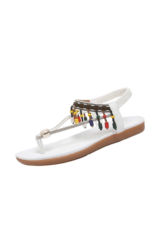 White Women'S Beaded Elastic Slide Sandals Featuring Flat Sole Pale Shade Bohemian Style