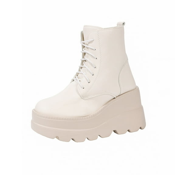 White Women'S Boots With Versatile Short Solid Color Round Toe Front Lace-Up Thick Bottom Wedge Heel For Leisure Wear