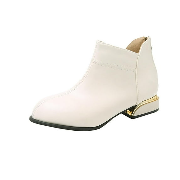 White Women'S Casual Boots Pointed Toe Style Back Zip For Easy On And Off Chunky Low Heel For All-Day Comfort