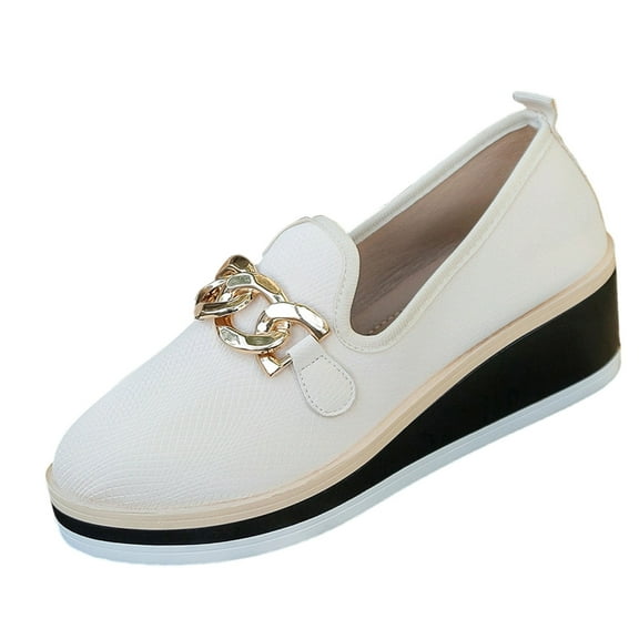 White Women'S Casual Loafers With Metal Chain Wedge Heel And Thick Sole For Stylish Appearances