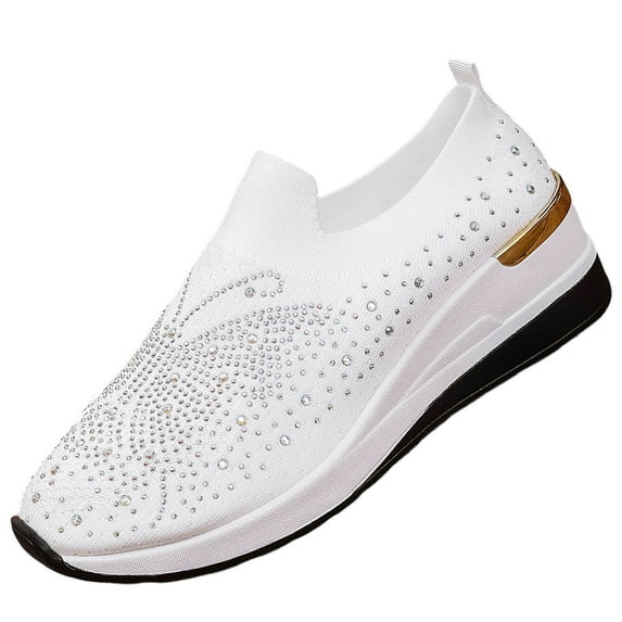 White Women'S Casual Shoes Wedge Heel Breathable Plus Size Diamond Studded Fly Woven Comfortable Outdoor Indoor Slip On Style 1 Pair