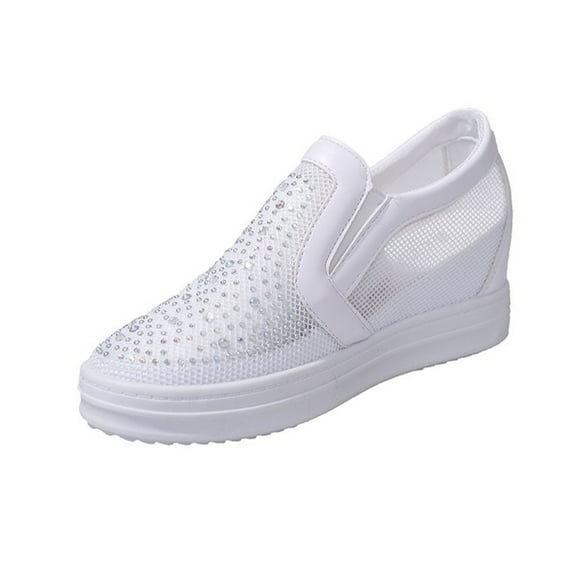 White Women'S Comfortable Wedge Sandals With Mesh Upper Rhinestone Detail Closed Toe For Walking Comfort