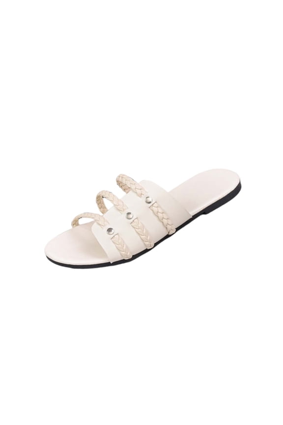 White Women'S Comfortable Woven Thin Strap Open Toe Slippers Round Toe Soft Sole