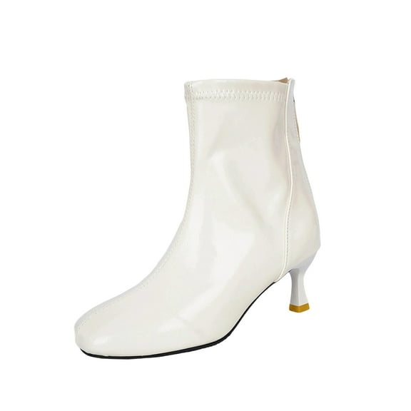 White Women'S Fashion Ankle Boots With Patent Leather And High Heel Ideal For Cool Weather Comfortable And Chic