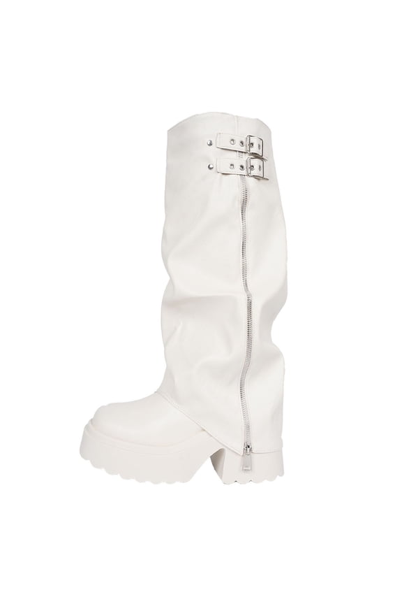 White Women'S Fashion Knee High Boots Round Toe Chunky High Heel Thick Sole Stacked Tube Casual Winter Boots Comfortable Long Boots 2.18 Lb