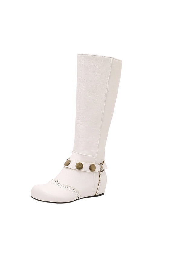 White Women'S Flat Knee High Boots With Round Toe And Lace-Up Belt Buckle Design For Winter Outings Pu Leather Comfort Fit