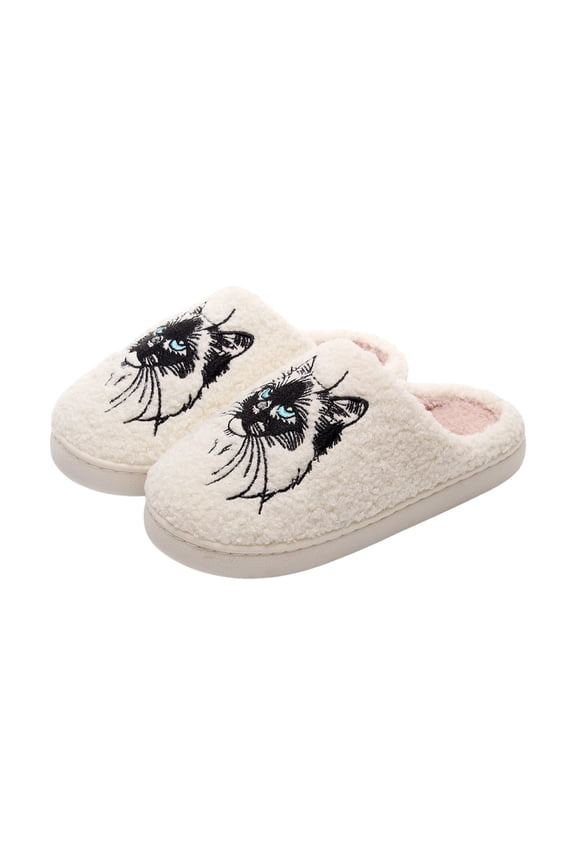 White Women'S Flat Slippers Cute Cat Design Warm Fall Winter Comfortable Soft Non-Slip Casual Indoor Home Daily Wear Footwear Size 42