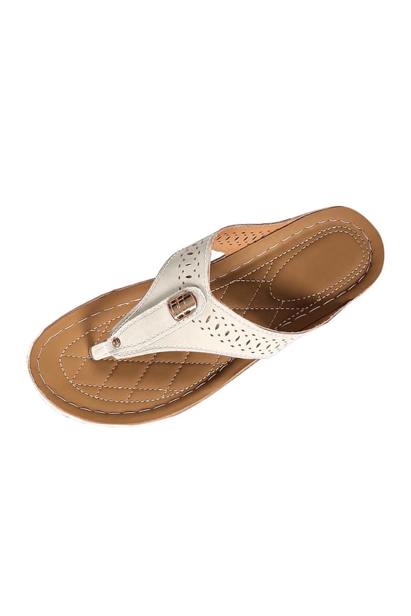 White Women'S Flip Flops Wedge With Perforated Webbing And Metal Accents Soft Cushioned Insole Flexible Outsole Breathable Faux Upper For Summer Beach Vacation