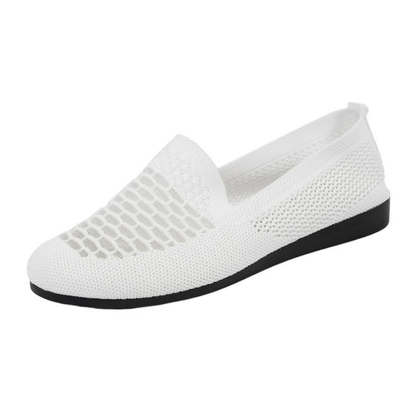 White Women'S Flying Woven Work Shoes Solid Color Round Toe Breathable Low Top Shallow Mouth Design Soft Bottom Flat Comfortable Walking Mesh Upper