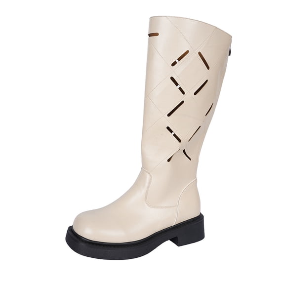 White Women'S Knee High Boots Hollow Design Round Toe Back Zipper Thick Heel Low Heel Fashion Casual Comfortable Winter Boots For Women Daily Walking Outdoor Non-Slip Durable 1.49 Lb