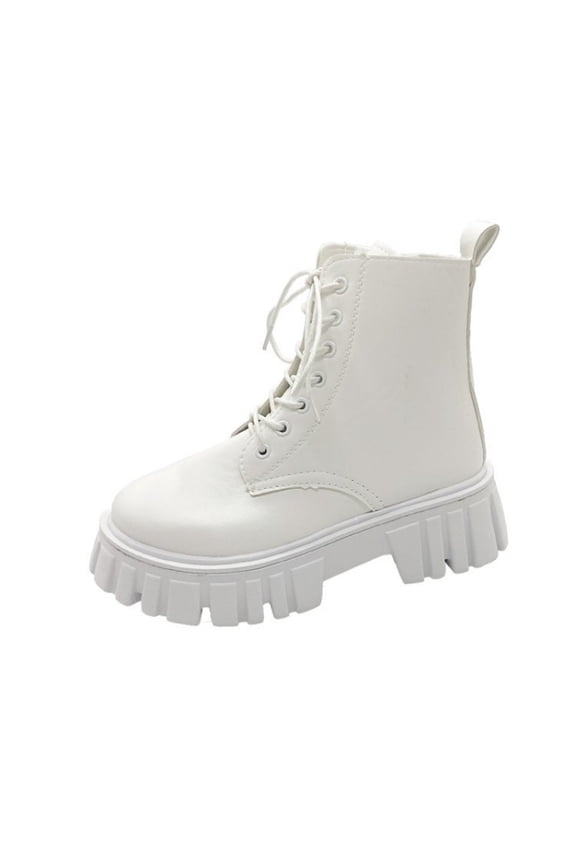 White Women'S Fashionable Round Toe Laced Ankle Boots Thick Sole British Style Casual Comfortable Versatile Fall Winter Trendy Boots 1.5 Lb