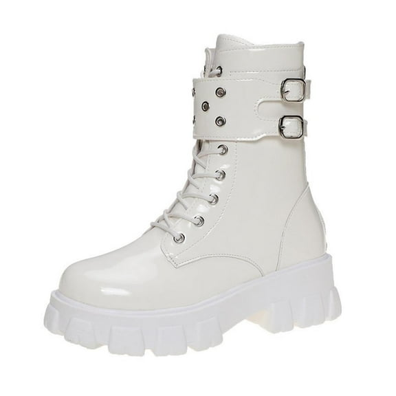 White Women'S Lace-Up Mid-Calf Boots Featuring A Chunky Heel And Solid Construction, Perfect For Everyday Style