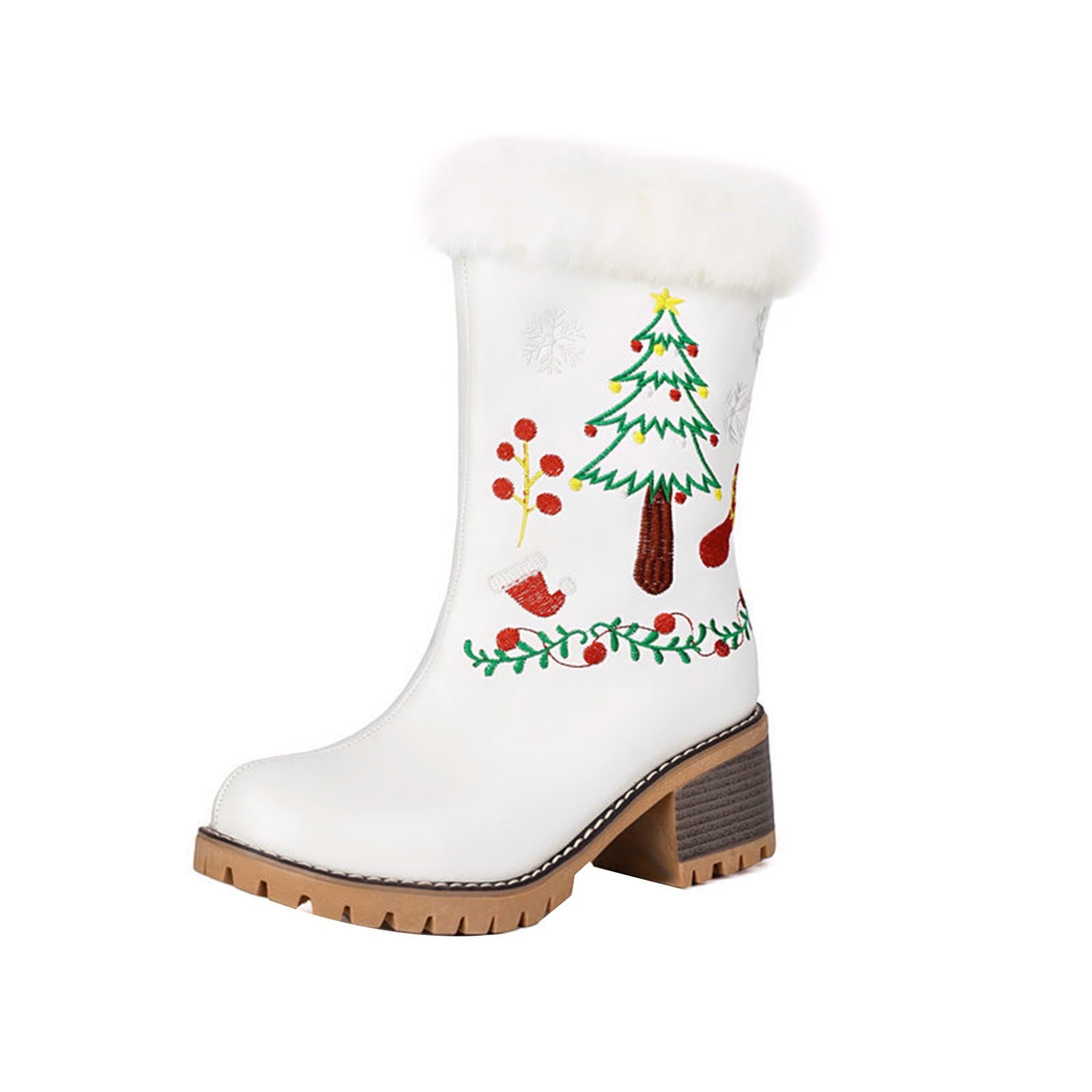 White Women'S Mid Calf Boots Christmas Tree Pattern Round Toe Thick ...