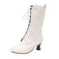 thumbnail image 1 of White Women'S Mid-Calf Boots With Lace-Up And Round Toe Flat Design For Casual Winter Wear Pu Leather Comfort Fit, 1 of 7