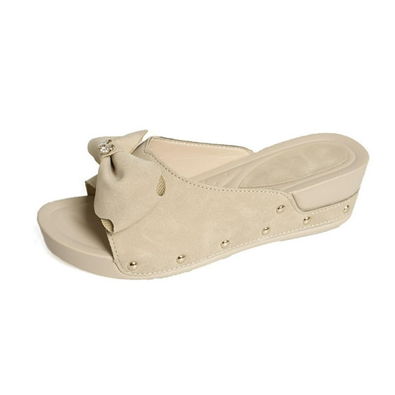 White Women'S Outdoor Wear Slippers With A Bow Accent Round Open Toe Design Thick Platform Wedge Heel