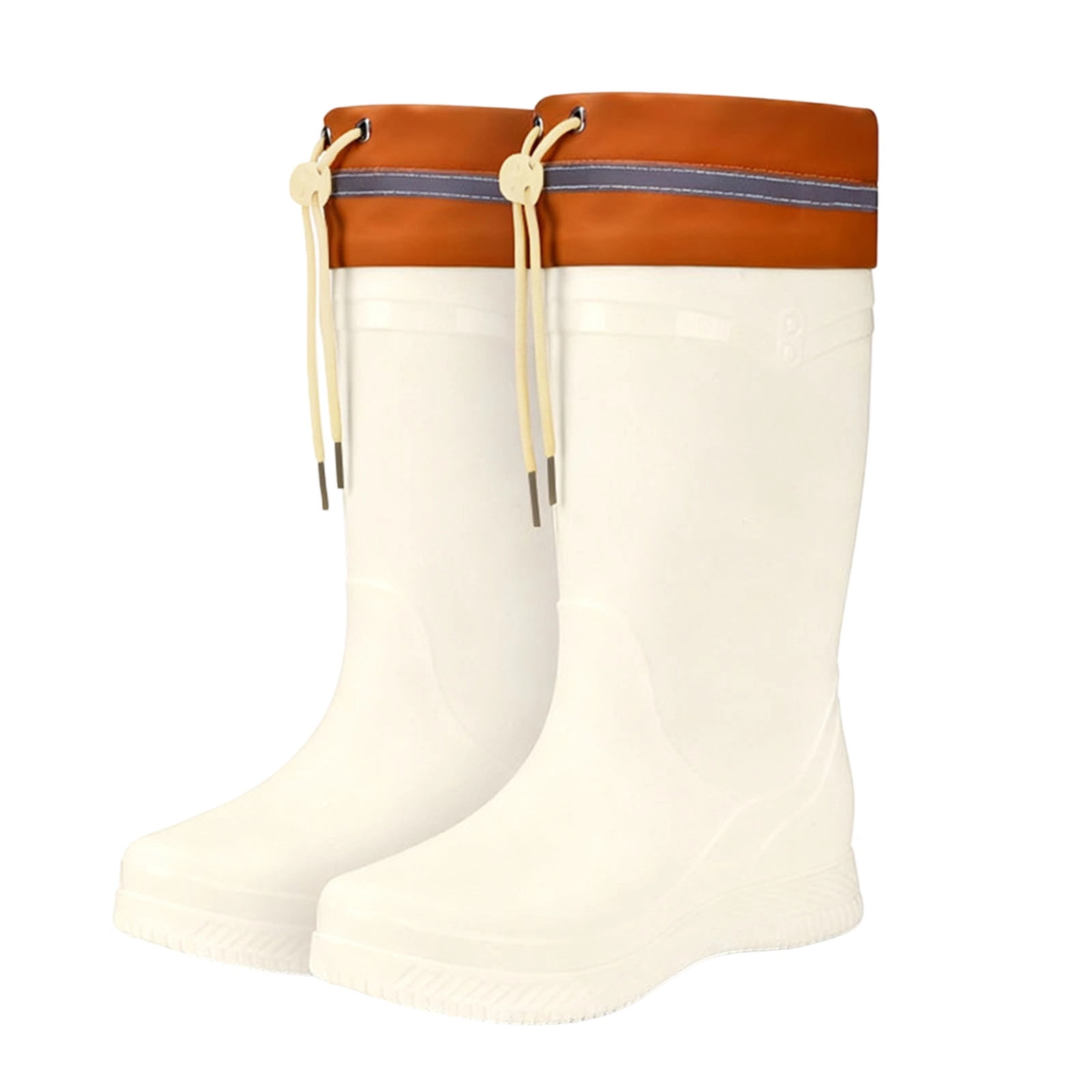 White Women'S Rain Boots Waterproof Fleece-Lined Drawstring Cuff Mid ...
