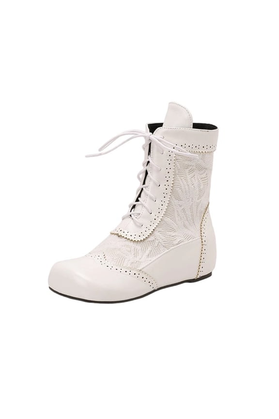 White Women'S Round Toe Flat Boots With Lace-Up Style For Winter Casual Fashion Pu Leather Comfortable And Versatile