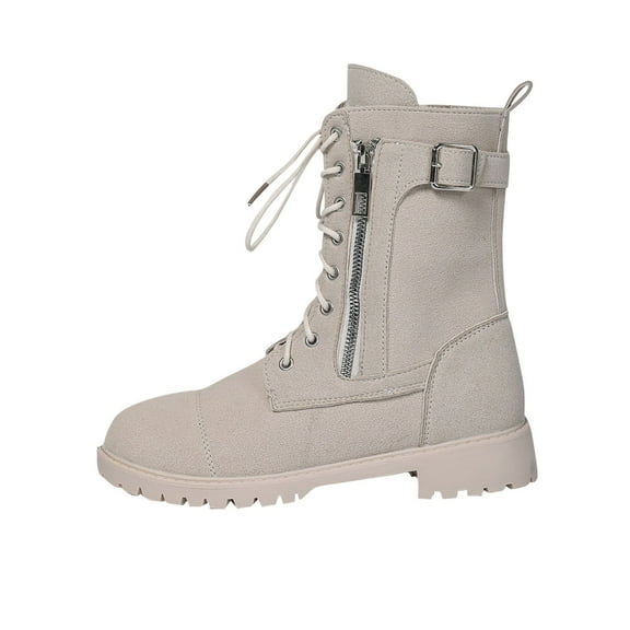 White Women'S Round Toe Lace-Up Boots With Thick Sole And Mid Heel For A Clean Winter Style