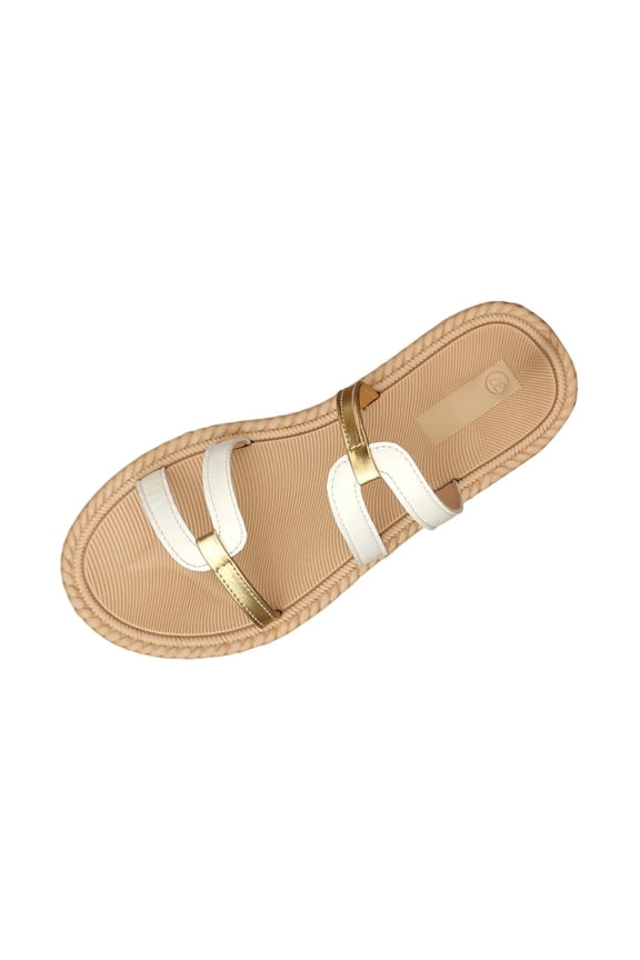 White Women'S Sandals One Strap Open Toe With Gold Layered Webbing Soft Cushioned Insole Textured Outsole Breathable Faux Leather Upper For Beach Commute Casual