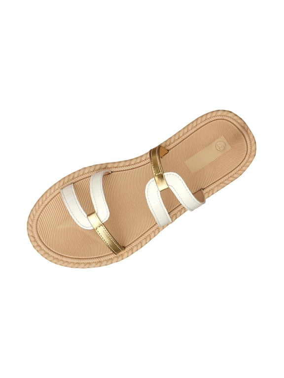 White Women'S Sandals One Strap Open Toe With Gold Layered Webbing Soft Cushioned Insole Textured Outsole Breathable Faux Leather Upper For Beach Commute Casual