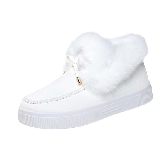 White Women'S Snow Boots Fleece-Lined Solid Bowknot Round Toe Closed Toe Thick Flat Sole Warm Non-Slip Durable Winter Casual Home Outdoor Shoes Size 39