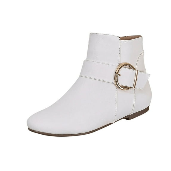 White Women'S Solid Color Short Boots Large Buckle With Side Zipper Flat Low Top Fashion Casual Comfortable Walking Shoes Pu Material