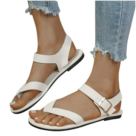 White Women'S Spacious Design Flat Bottom Elastic Strap Sandals For Casual