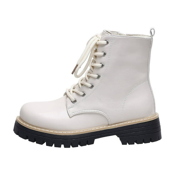 White Women'S Trendy Cozy Winter Boots With Round Toe Design And Lace-Up Closure With Side Zipper Low Heel For Outdoor Use