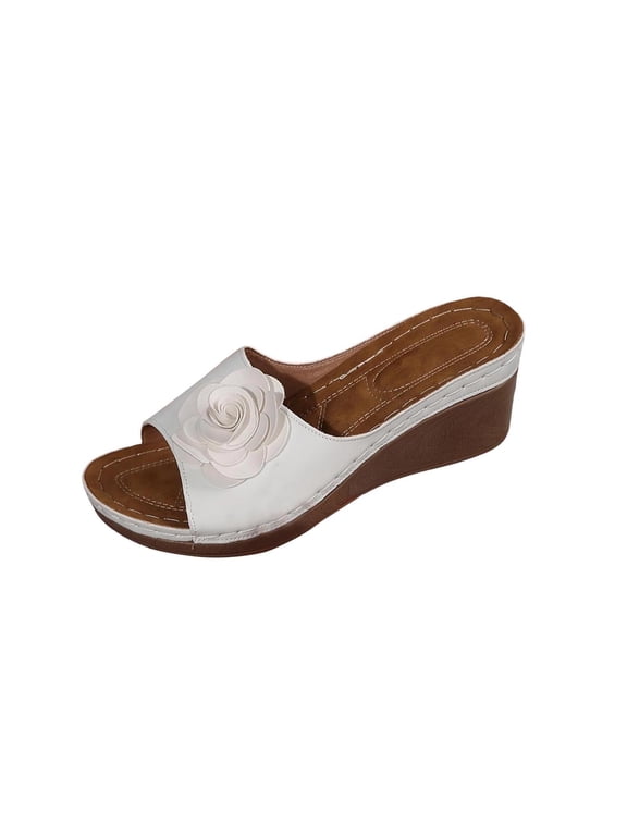 White Women'S Wedge Heel Peep Toe Sandals Floral Print Breathable Comfortable Casual Beach Slides For Summer Pool And Outdoor Use