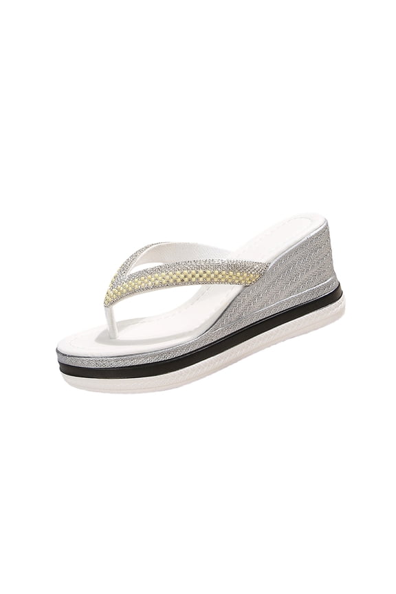White Women'S Wedge Slide Sandals Round Toe Open Toe Toe Post Rhinestone Solid Color Thick Sole Non-Slip Breathable Footwear For Daily Wear Size 40