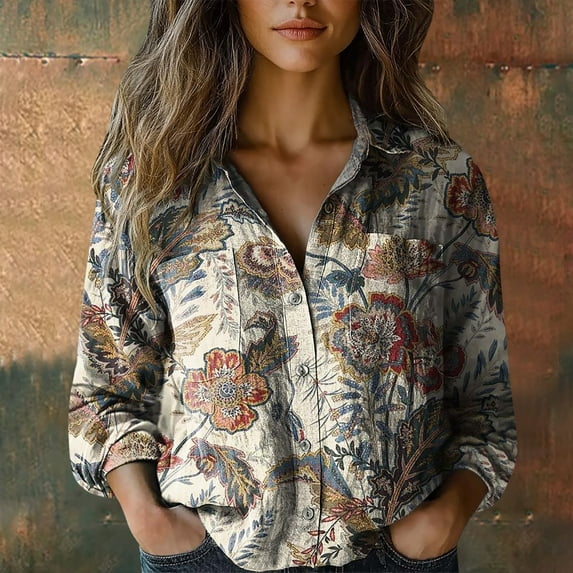 White Women Shirts, Women Cotton Shirt Printed Fashion Button Down Shirts Casual Tops Long Sleeve Blouse,Women Shirts 4XL