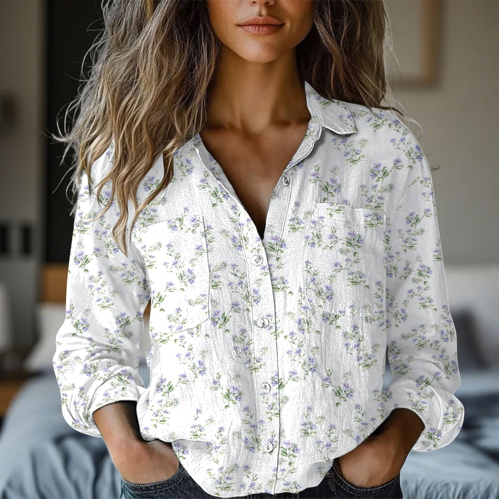White Women Shirts, Womens Linen Button Down Shirts Floral Printed V ...