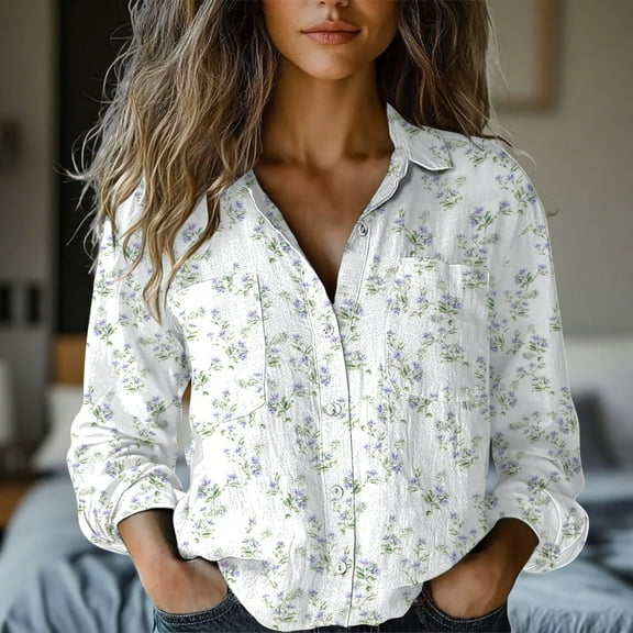 White Women Shirts, Womens Linen Button Down Shirts Floral Printed V Neck Long Sleeve Blouse Collared Boho Shirt Casual Tops With Pocket,Women Shirts XXL