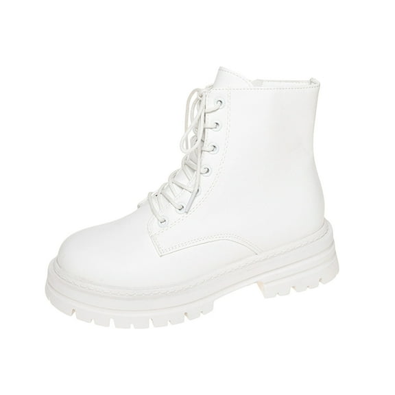 White Women Short Boots With Lace-Up And Zipper Thick Sole Block Heel For Fall Winter Use