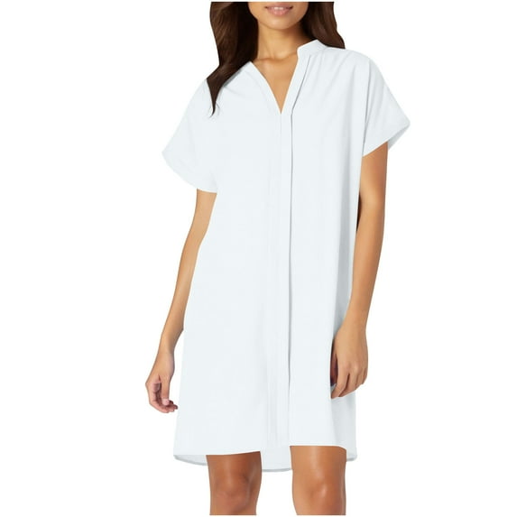 White Women Short Sleeve Dresses for Women V Neck Spandex Midi Knee Length Loose Fit Plain Summer Fall 2025 Clothing Fashion Country Concert L