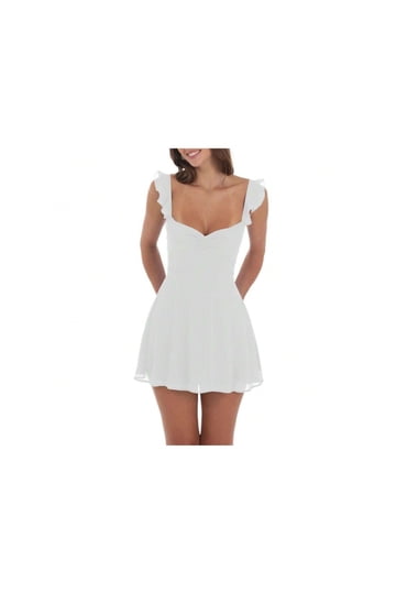 white spaghetti strap skater dress Women's V-Neck Spaghetti Strap Floral Backless Sleeveless Lace Mini Flowy Swing Skater Dress (White, M) at Amazon Women's Clothing store
