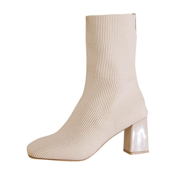 White Women White Knitted Socks Boots Round Toe Chunky Heel Mid Calf For Comfortable Winter Wear